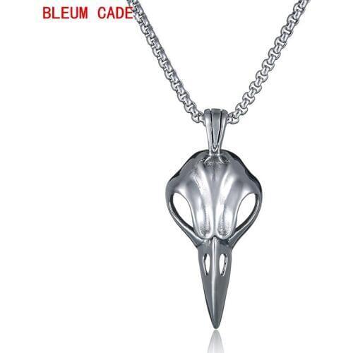Mens Punk Silver Color Raven Crow Skull Pewter Wiccan Stainless Steel Pendants Necklace Hip Hop Bright Cosplay Accessories