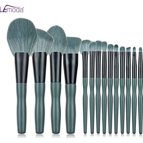 Lemoda Professional Makeup Brushes Set 14Pcs Dark Green Handle For Powder Eyeshadow Eyebrow Blush Blending Cosmetic Tools Kit
