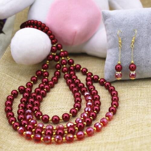 Charming red shell simulated-pearl 6mm 8mm round beads necklace 4 rows earrings glass exquisite women jewelry set 20inch B3104