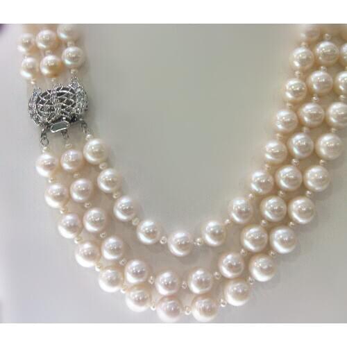 Wholesale 3 rows natural AA 8-9mm white round freshwater pearl and nice clasp necklace