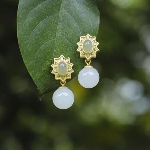 Original Design Natural Hetian Jade White Jade round Beads Female Earrings S925 Sterling Silver Gold Earrings Ear Studs Antique