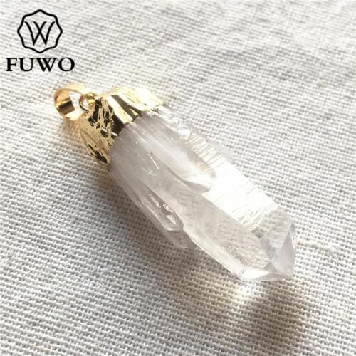FUWO Natural White Crystal Pendant With Gold Trimmed Irregular Crystal Quartz Pendant For Necklace Making PD260