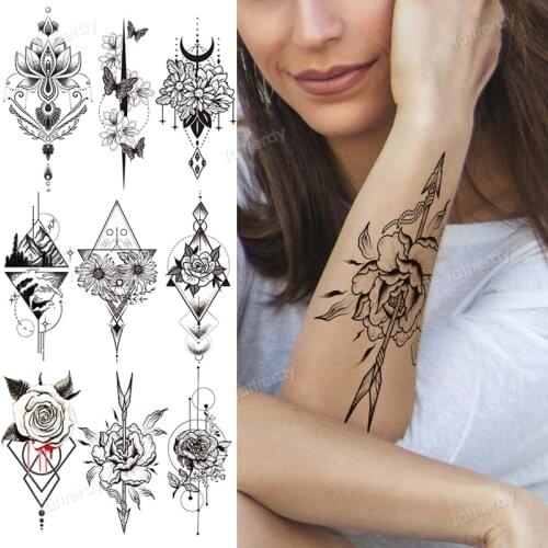 Arm band sleeve tattoo sticker black sketch line flowers lotus rose geometric triangle tattoo water transfer women girls beauty