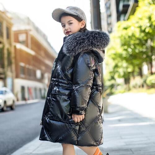 Girls thicker down jacket winter new warm white duck down coat children real fur collar long outfit tops kids parker 6-14Y w1859