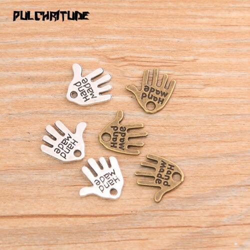 PULCHRITUDE 60pcs 13*11mm Two Color Letter “HAND MADE ”Charms Palm Pendants Handmade Vintage For DIY Jewelry Making Findings