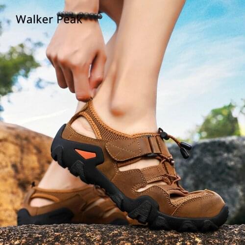 Fashion Summer Mens Sandals Genuine Leather Flats Casual Non-slip Shoes Beach Outdoor Men Driving Shoes Closed Toe Walkerpeak