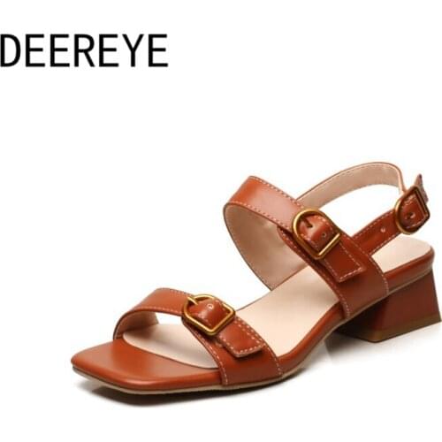 Roman French Retro 3 Buckles Decoration Ankle Adjustment Square Toe Womens Luxury Sandals With Low Chunky Heel Shoes Summer 2021