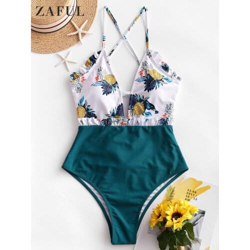 ZAFUL Frilled Pineapple One-piece Swimsuit Women Lace-up Print Padded Bikini Sets Summer Beach Female Brazilian Biquini Swimwear