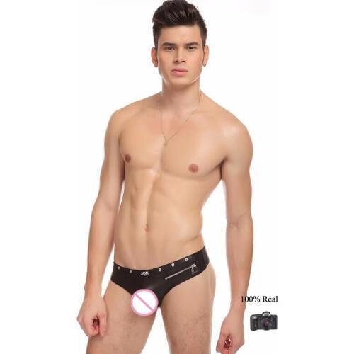 100% Real Photoes M L XL Man Sexy Artificial Intimation Leather Zipper Rivert Gay G string Panties Thong Underwear Brief MP016
