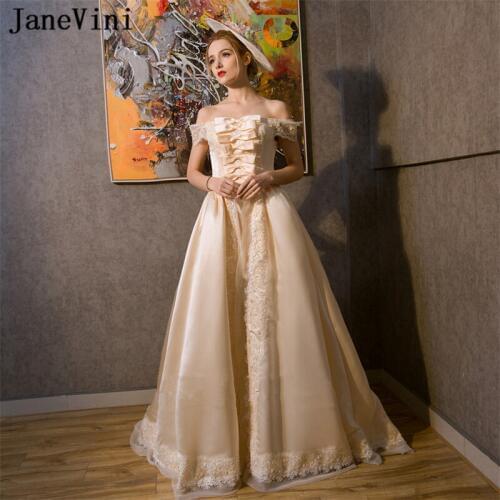 JaneVini Champagne Satin Bridesmaid Dresses Vintage Palace Style A Line Lace Appliques Pearls Backless Girls Pageant Prom Gowns