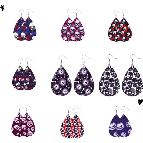 Halloween Pattern Teardrop Faux Leather Earrings for Women Skull Punk Lightweight Drop Dangle Earings Wholesale