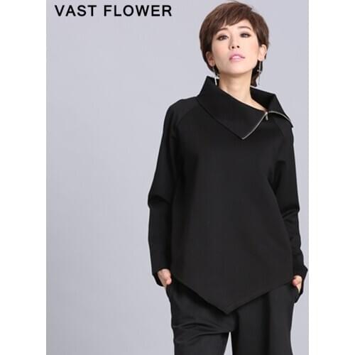 2021 New Spring Autumn Black Zipper Asymmetrical T-Shirt Women Turtleneck Long Sleeve Loose Casual Tshirt Tops Fashion Clothes