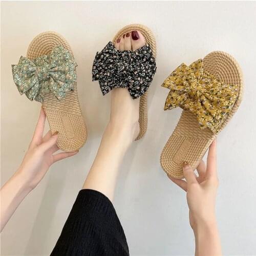 Slippers Womens New Emerald Bow Slippers Flat-bottomed Beach Sandals and Slippers