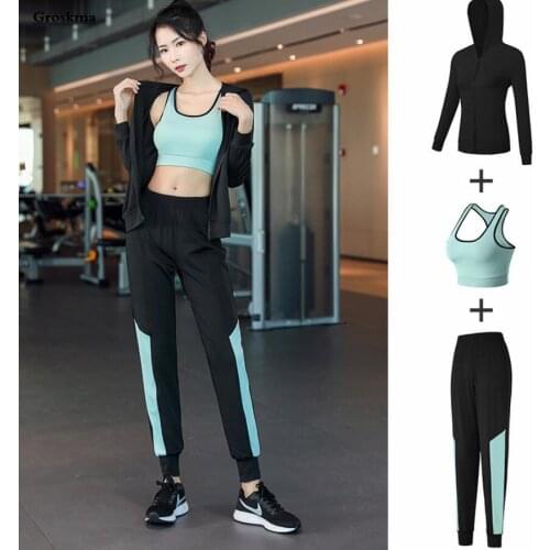 Quick Dry Coats+Bra+Pans Women 3 Piece Set Fitness Gym Yoga Suits Workout Running Sports Clothing Ensembles Femme