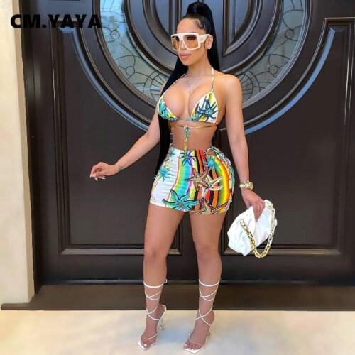 CM.YAYA Women Bikinis Set Print Halter Bandage Tops Low Waist Underpants Drawstring Elastic Mini Skirt 3 Piece Set Swimsuit 2021