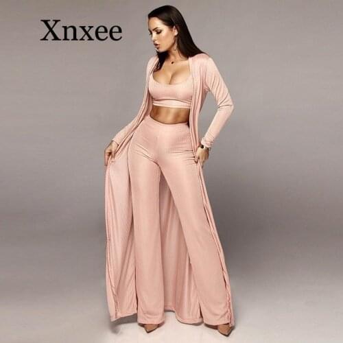 Solid Knitted Sexy 3 Piece Set Autumn Winter Crop Tops Pants And Coat Bodycon Elastic Sets Women Three Piece Outfits sleepwear