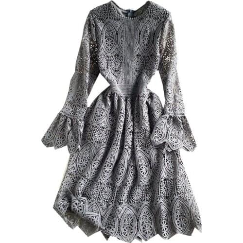 2021 New Spring Autumn Women O-Neck Speaker Long Sleeve Dress High Quality Vintage Hook Flower Hollow Lace Dress
