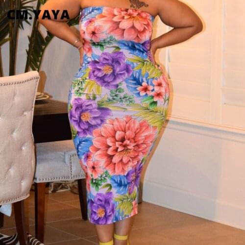 CM.YAYA Women Dress Plus Size Print Sleeveless Strapless Sheath Elastic Mid Calf Dresses Office Lady High Street Summer Outfit