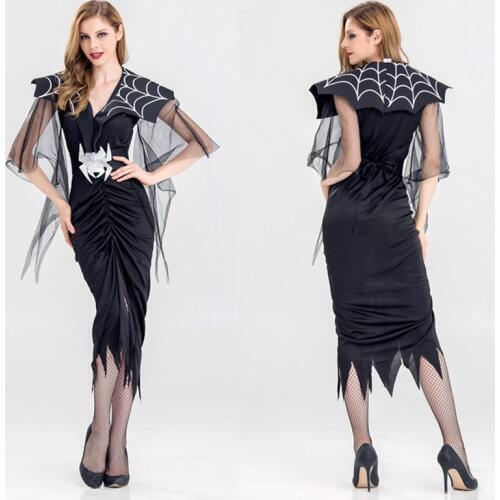Gothic Sexy Witch Vampire Costume New Black Widow Costume Halloween Cosplay Spider Costume for Women Masquerade Party Long Dress