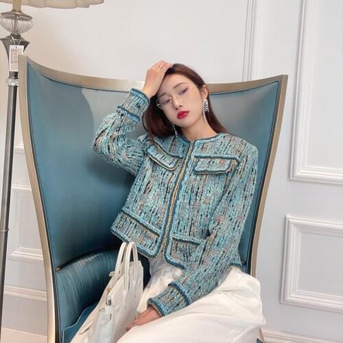 2021 Autumn High Waist Short Tweed Coat Women Luxury Minority O Neck Long Sleeves Contrast Color Plus Size Streetwear Jackets
