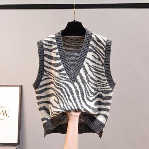 Waistcoat vest jacket autumn knit womens sweater winter zebra pattern outer wear loose Korean style