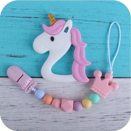 BPA Free Baby Teether Newborn Dummy Holder Pacifier Clips Unicorn Teething Pendant Nursing Infants Rattle Teether Set