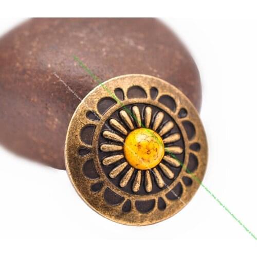 10Pcs 30Mm Retro Brass Indian Floral Art Yellow Turquoise Conchos for Leathercraft Western Saddle Headstall Hatband Boot Decor