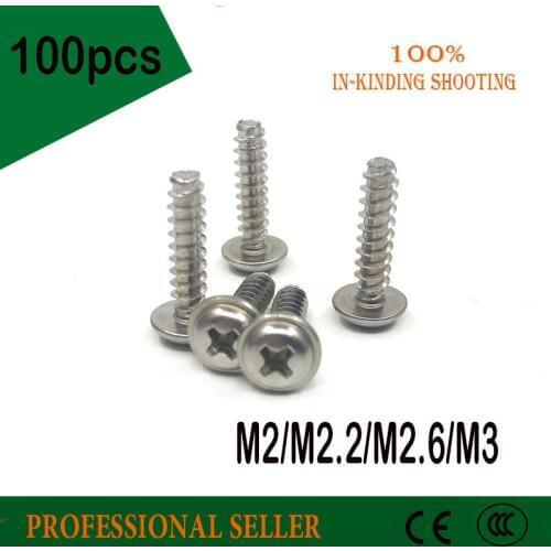 100pcs M2/M2.2/M2.6/M3 304 stainless steel pan Phillips head washer head self tapping screw with flat tail bolts