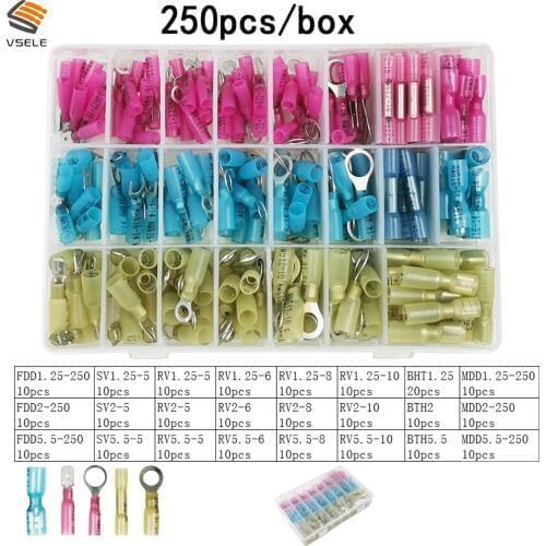 250pcs Heat Shrink Wire Connector Waterproof Seal Cable Wire Terminals Kit Solder Sleeve Assorted Automotive Crimp Terminals Set