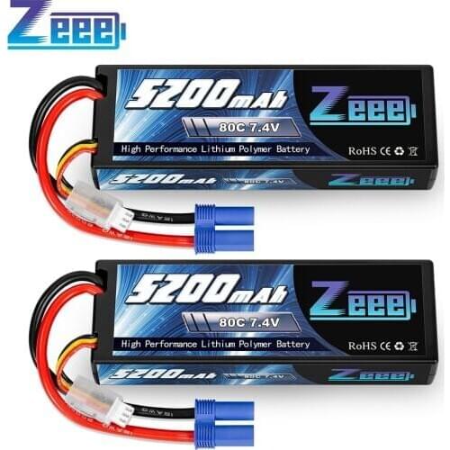 2units Zeee 2S Lipo Battery 7.4V 5200mAh 80C Hard Case Battery with EC5 Plug for 1/8 1/10 RC Vehicles Car Buggy Truggy Airplane