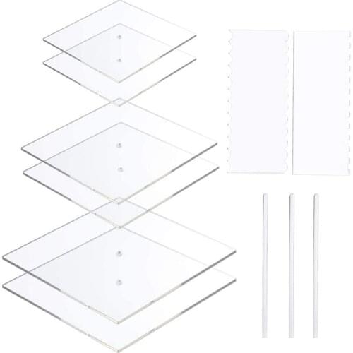 Acrylic Square Cake Disk Set - Cake Discs Base Boards with Center Hole - Supplies for 3 Tier Cakes