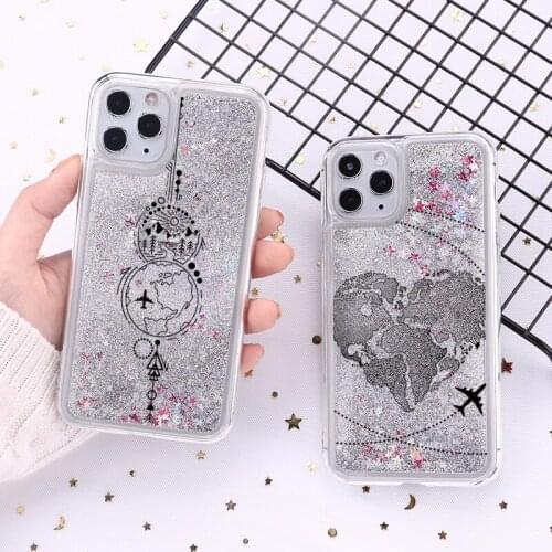 Global Travel Plane Love Phone Case Sequins Quicksand Phone Case For iPhone 12 11Pro Max XR XS Max X Dynamic Liquid Case For 11