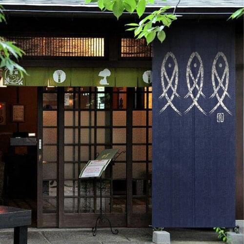 Blue Fish Printed Japanese Noren Doorway Curtain Kitchen Room Door Curtains Decor