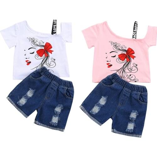 New Kids Girls Clothes Sets 2pcs One Shoulder Pattern Print Denim Skirts/Shorts Outfits