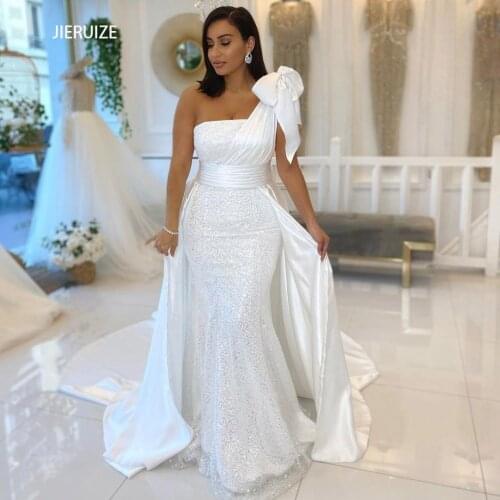 JIERUIZE White Shinny One Shoulder Mermaid Wedding Dresses Lace Up Back Big Bow Bling Boho Wedding Gowns vestido de noiva
