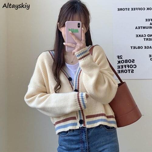 Cardigan Women Spring Korean Style Fashion Student Casual Female Loose High Street Patchwork Ulzzang Hipster Sweet V-neck Daily
