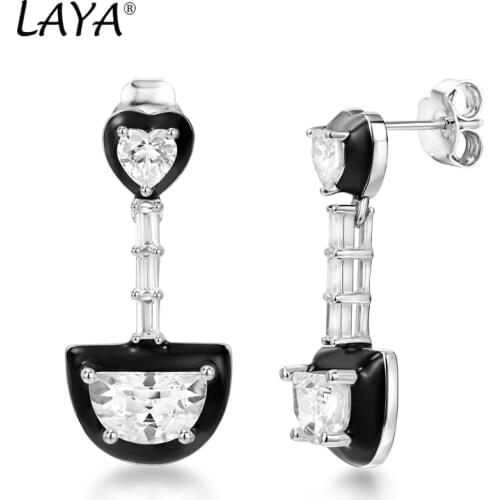 Laya Silver Earrings For Women Pure 925 Sterling Silver Heart-shaped Moon-shaped Created Crystal Glass Black Enamel Jewelry