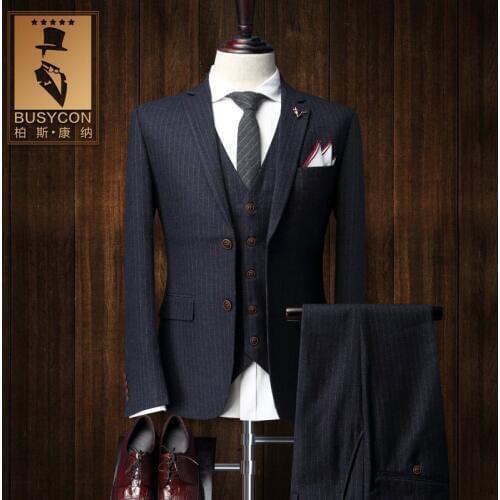 Mens Striped Suit Blazer Vest Pants Grey 3 piece Wedding Suits For Groom Fashion Business Suit Traje Novio Hombre 2016