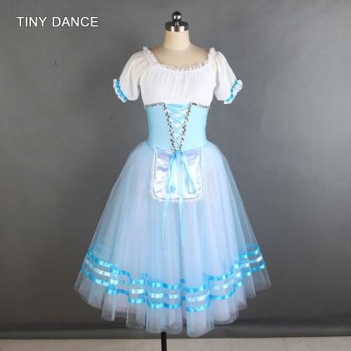Sky Blue and White Ballet Dance Tutu Costume Puff Sleeve Spandex Bodice with Long Tulle Tutu Ballerina Dancing Dress 20003