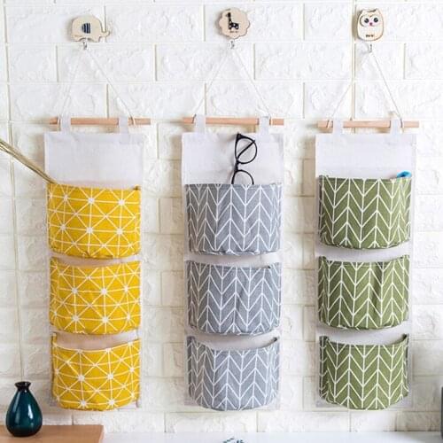 3 Pockets Cosmetic Organizer Hanging Storage Bag Hanging Bag Cotton Bedroom Wall Pouch Home Door Pouch Cotton Linen