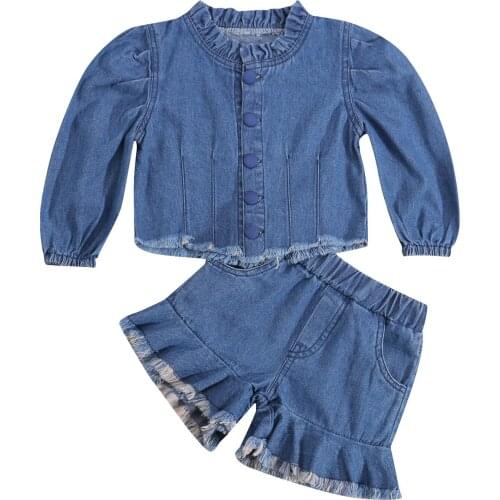 Citgeett Autumn Kids Girls Denim T-shirt and Shorts Set Fashion Solid Color Long Sleeve Cardigan Short Pants Clothes