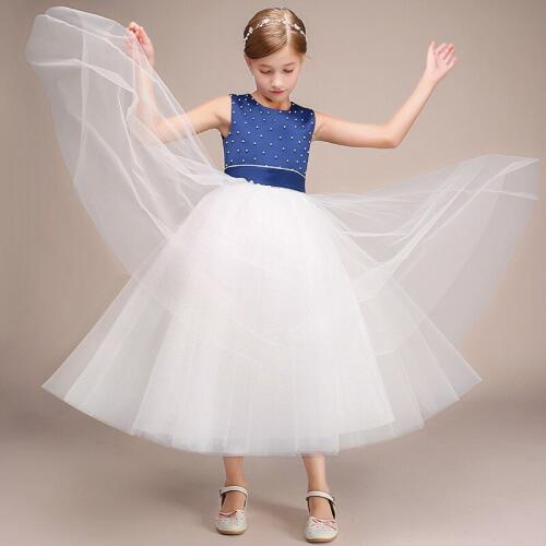 2020 Blue and White Flower Girl Dress Two Tone Pearls Sleeveless Tulle Skirt Girls Formal Pageant Gowns wth Bow