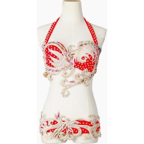 Stage Dancewear Top Grade Egyptian Belly Dancing Clothes Oriental Dance Costume Set Beaded Bra and Belt with Rhinestone