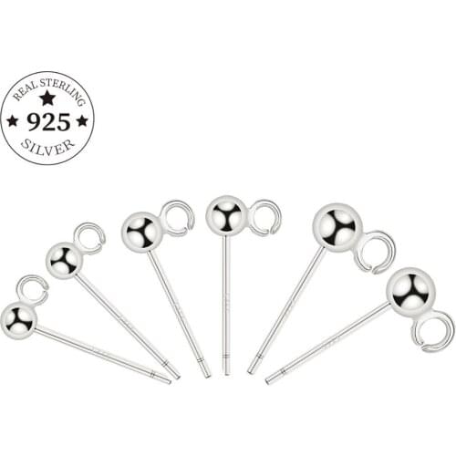 4pcs 925 Sterling Sliver 3/4/5mm Round Ball Stud Earrings Post With Loop Earring Base Connectors Linker For Jewelry DIY Making