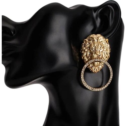Retro Alloy Metal Gold Lion Head Drop Stud Earrings Jewelry for Women Hip Hop Rhinestone Round Hoop Pendant Dangle Earrings