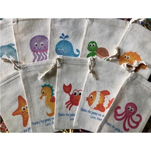 Under the Sea Party favor bag personalized kid Birthday party Treat Bags baby Shower bags baptism bags welcome muslin gift bag