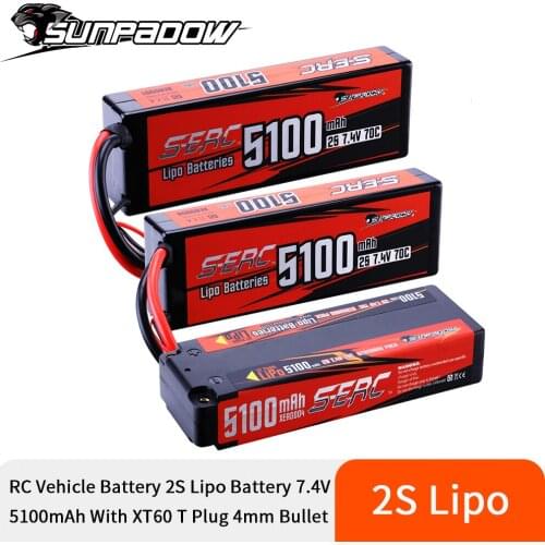 Sunpadow 2S 7.4V Lipo Battery 5100mAh 70C Hard Case with T plug XT60 Connector 4mm Bullet for RC Car Truck Tank Vehicle Buggy