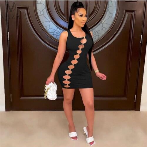 VAZN 2021 Party Cocktail Pleated Hole Out Solid Dress Women Elegant Fashion Mini Dress Slim Dress Club Birthday Shinny Dress