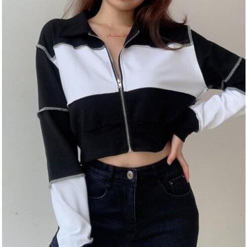 70% Dropshipping!Autumn Womens Short Jacket Color Block Zipper Jacket Long Sleeve Lapel Collar Shirt Short Top