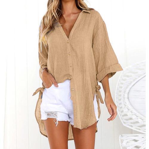 Plus Size Women Beach Cover Up Solid Bikini Tunic Button Long Sleeve Swimwear Women Swimsuit Beach Dress Maillot De Bain Femme